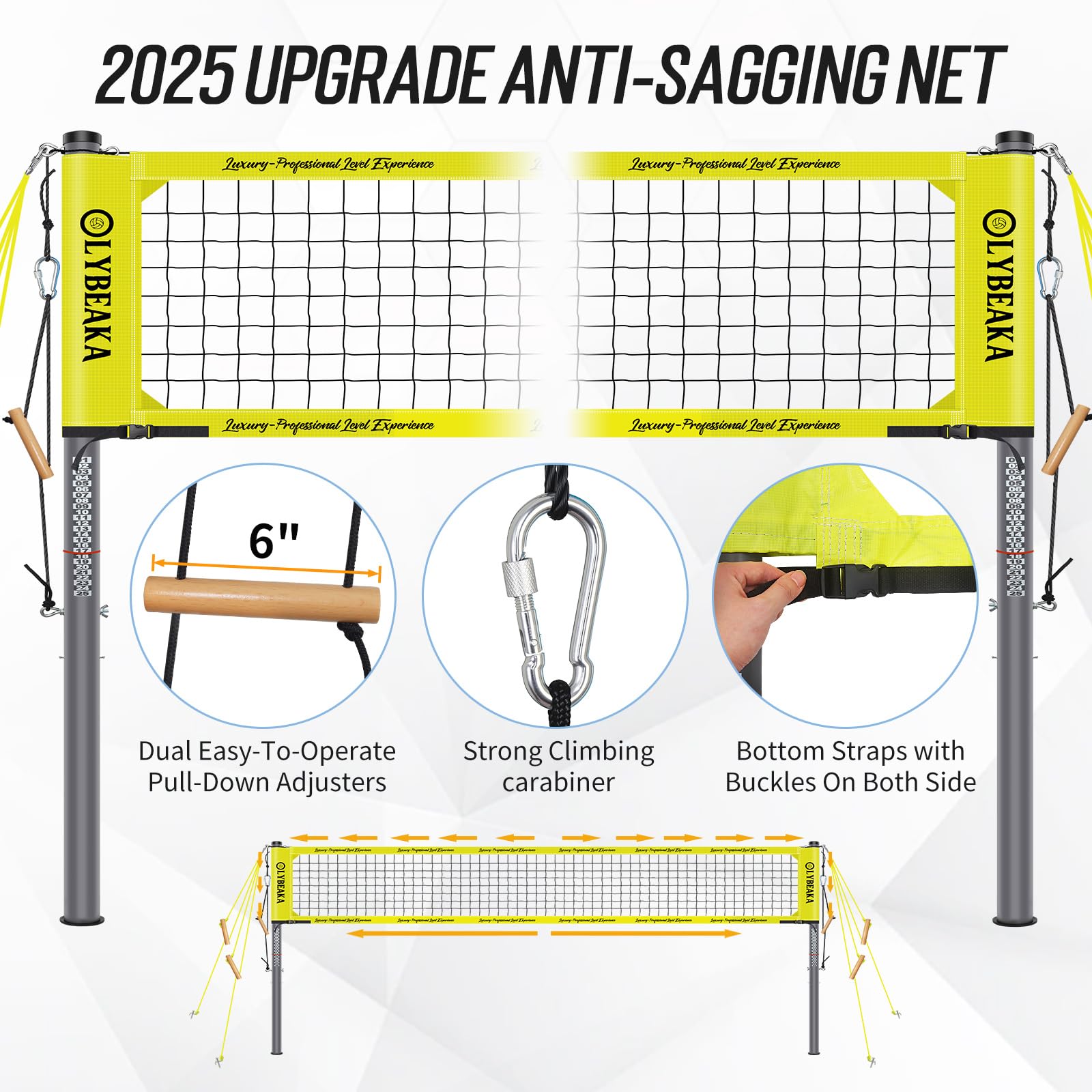 Outdoor Professional Volleyball Net Set with Heavy Duty 2" Adjustable Aluminum Poles, Tetoron Net, Portable 1800D Carry Bag - Super Stable & Anti-Sag with 2 Tension Adjusters for Backyard Beach Grass