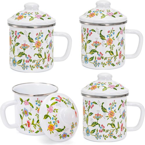 Jucoan Enamel Camping Mug Set of 4, 16 oz Vintage Enamel Metal Coffee Mug with Lid and Handle for Home Office Kitchen Outdoor Camping, Lightweight & Unbreakable Camp Coffee Tea Drinking Cup