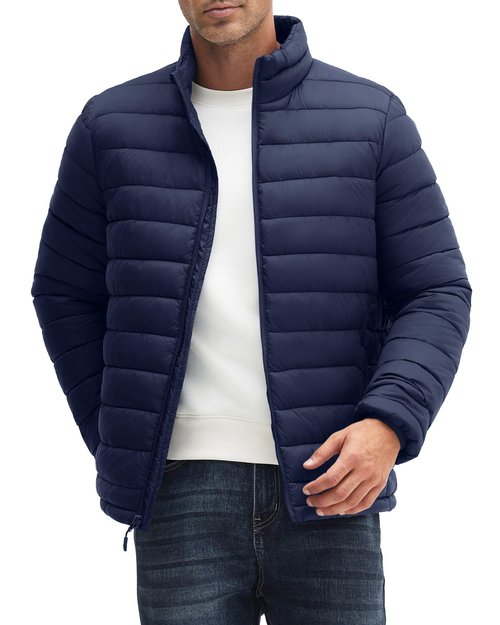 WHN Men's Puffer Jacket Lightweight Winter Waterproof Windproof Stand Collar Full Zipper Coat with 3 Pockets Navy L