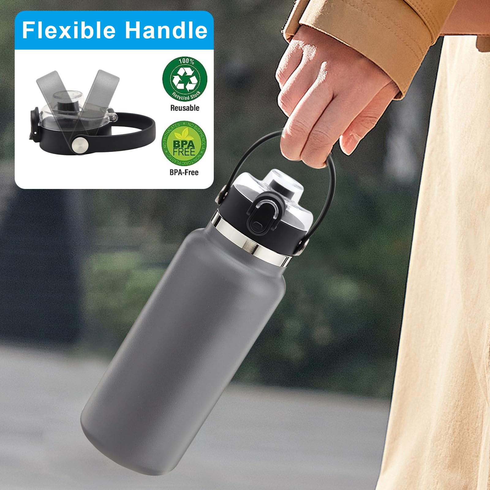 Auto Flip Lid for Hydro Flask Wide Mouth 2 Pack, Great Spout Lid with Handle for 32 oz, 40 oz, Replacement Cap, Top Accessories for Wide Mouth Water Bottles (Black)