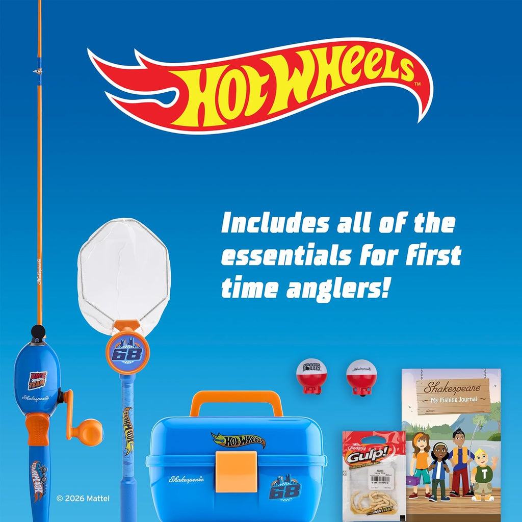 Shakespeare Hot Wheels Kids Fishing Set - 2’6” Fishing Rod & Reel Combo with Net, Tackle Box & Bait