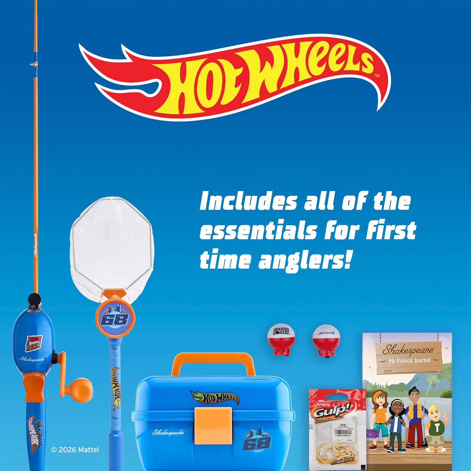 Shakespeare Hot Wheels Kids Fishing Set - 2’6” Fishing Rod & Reel Combo with Net, Tackle Box & Bait