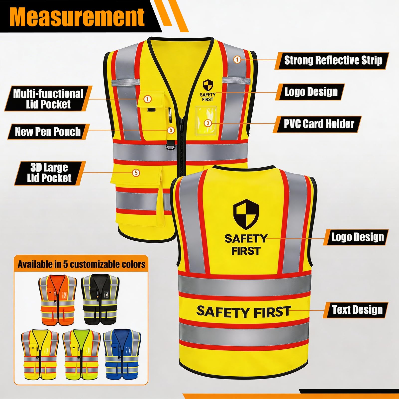 Custom Safety Vest with Logo, High Visibility Reflective Vest with Pockets and Zipper for Men Women, Personalized Construction Safety Vest Work,Warehouse,Surveyor, Crossing Guard,Road,Runner（Yellow）