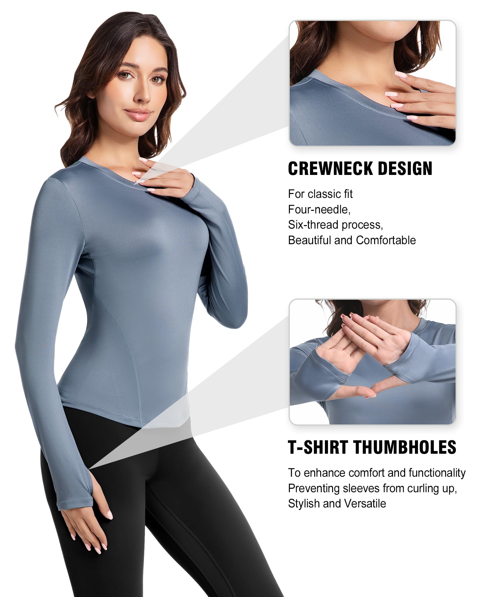 Women's Compression Shirts Long Sleeve Workout Yoga Tops, Sun Protection Running Athletic Undershirt Medium