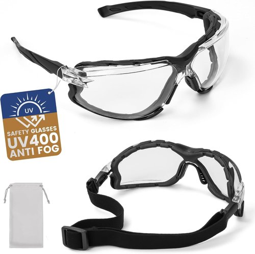 Flaya Adjustable Safety Glasses - Anti-Fog ANSI Z87.1 UV400 Protection Goggles with Foam Seal & Strap