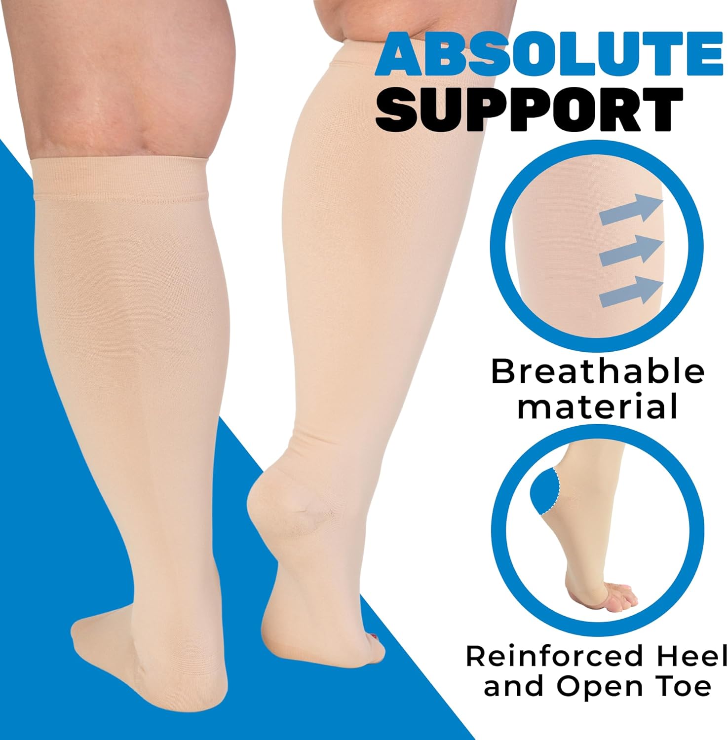 Skiennix Open Toe Compression Socks - Plus Size 15-20mmHg Wide Calf Support - 3 Pairs