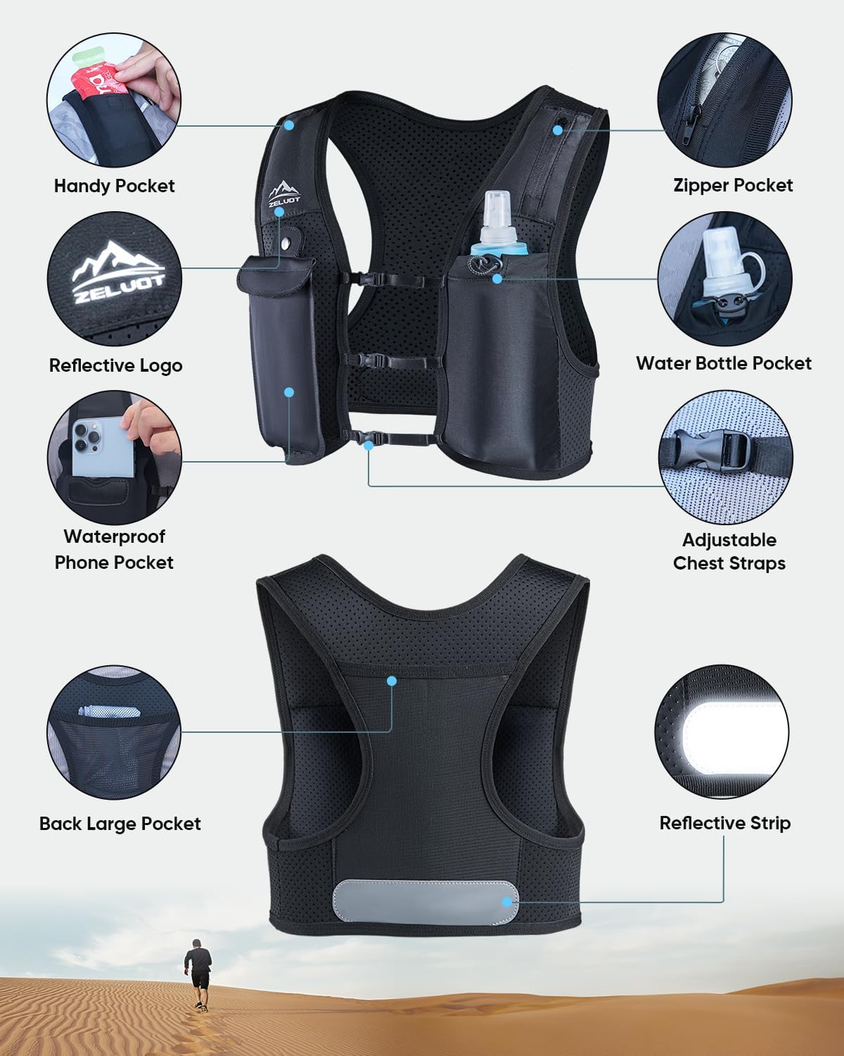 Zelvot Running Vest - Adjustable Hydration Backpack with 500ml Soft Flask | Lightweight & Reflective for Runners