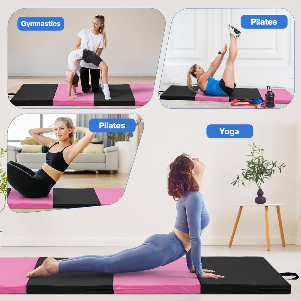 Skiennix Gymnastics Mat - Portable 4-Fold Thick Yoga Mat with PU Leather & Carry Handle - 6'x3'x2''