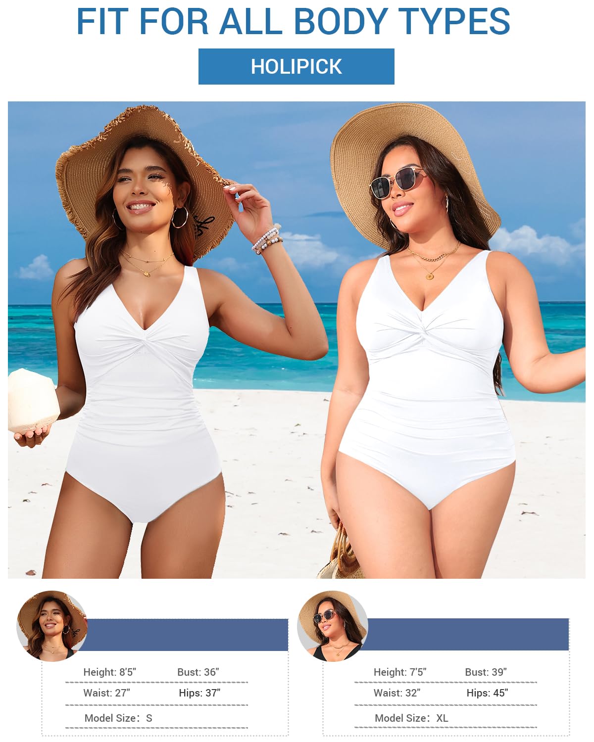 Holipick White Women Tummy Control One Piece Swimsuit - Push Up Bathing Suit Full Coverage Slimming Swimwear XS