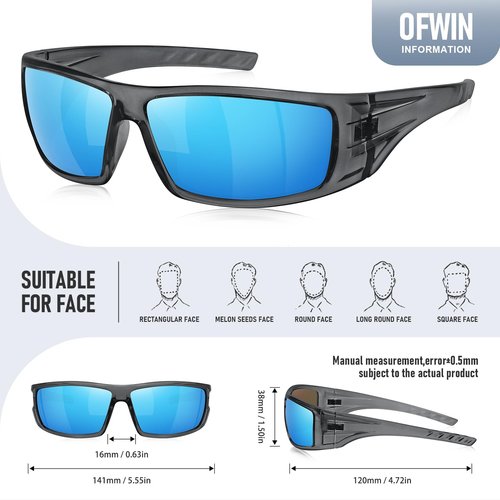 Ofwin Polarized Sports Sunglasses for Men Women Unbreakable Frame Cycling Fishing Wrap Around Sunglasses UV400 Protection Clear Gray Frame/Blue Mirror Lens