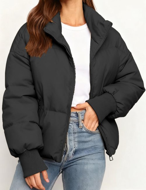 MaShinequang Womens Cropped Black Puffer Jacket Zip Up Quilted Padded Coat Outwear with Pockets (Black, Medium)