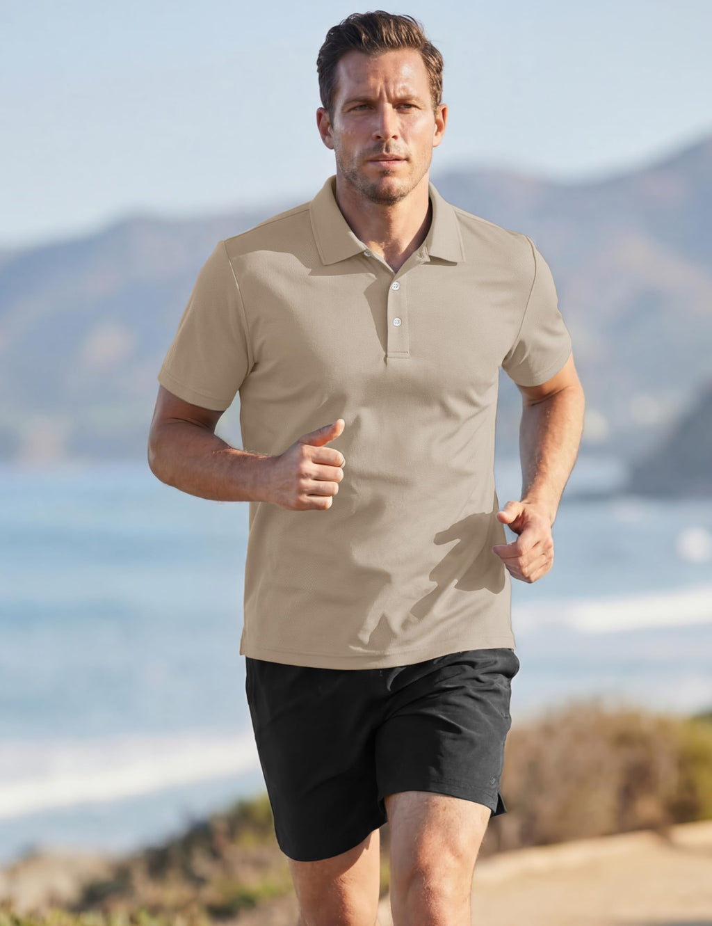 TACVASEN Mens Golf Shirt Dry Fit Mens Polo Shirts Short Sleeve Performance Golf Polos for Men with Collar Work Shirts Khaki, XL