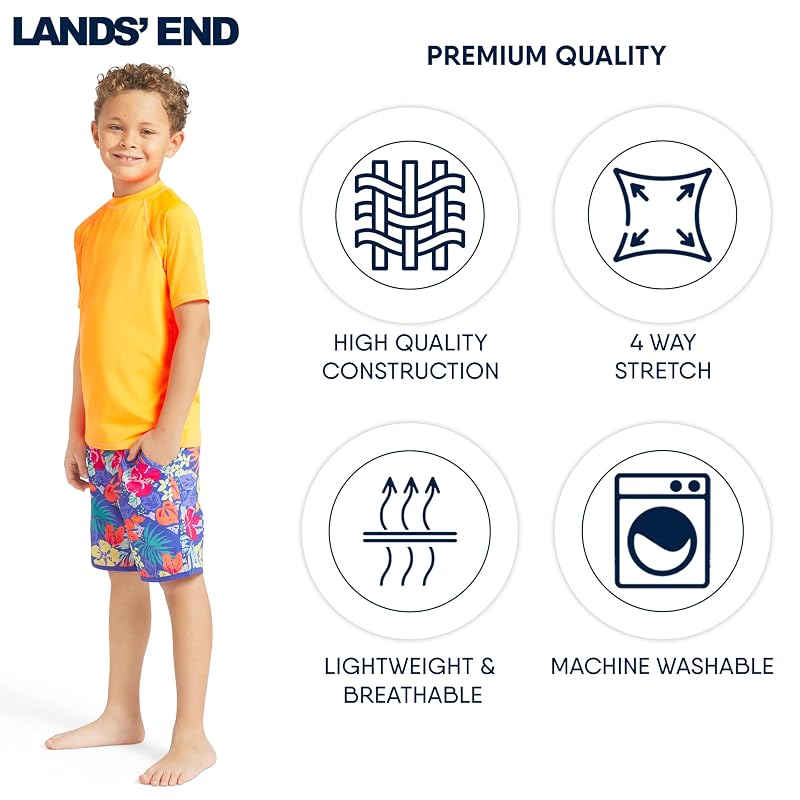 Lands' End Boys' Sun-Protection Rash Guard Tee UPF 50+ Shocking Orange Medium