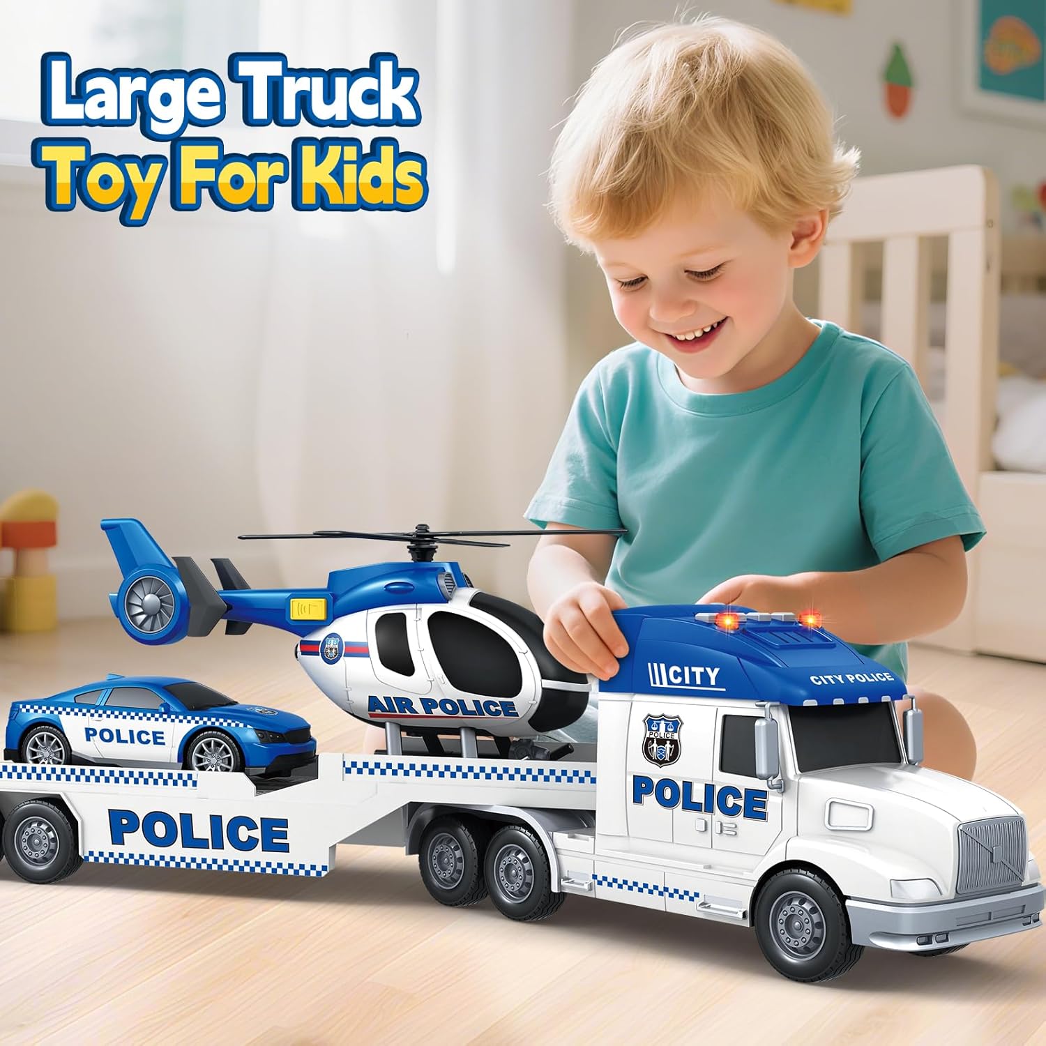 SpringFlower Police Truck Toy - Extra Large 3-in-1 Set with Racing Car & Helicopter | Perfect Birthday Gift for Toddlers Ages 3-6