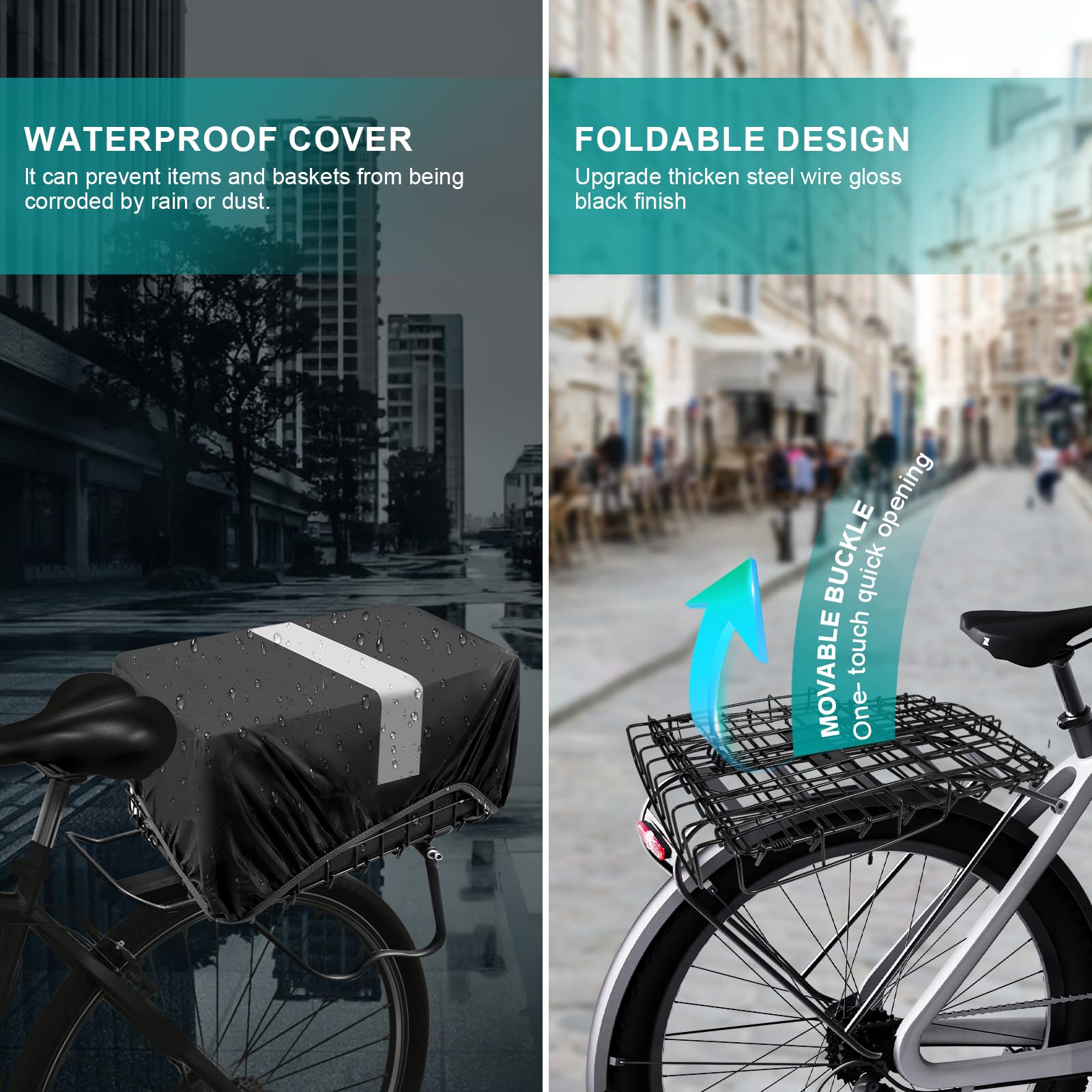 Riian Bike Basket Front/Rear, Thickened Shockproof Foldable Bicycle Basket with Waterproof Bag, Quick Release Design, Metal Bicycle Frame Basket for Adult Women Men