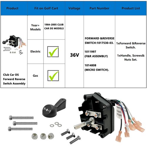 Club Car DS 36V Forward Reverse Switch Assembly with Handle & Micro Switch – Compatible with 1984-2005 Club Car DS Electric & Gas Golf Carts – Replaces OEM# 1011997, 101753003, 1014808, 1012987