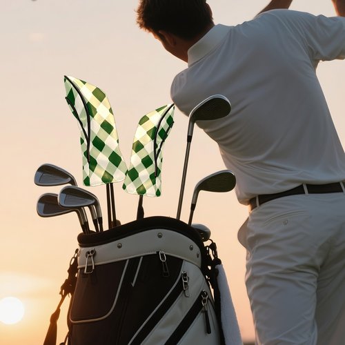 Golf Club Covers Geometric Green White Checkered Driver Headcover, Leather Golf Club Head Covers for Driver Fairway Woods Waterproof Golf Headcovers with Anti-Scratch Lining for Men Women