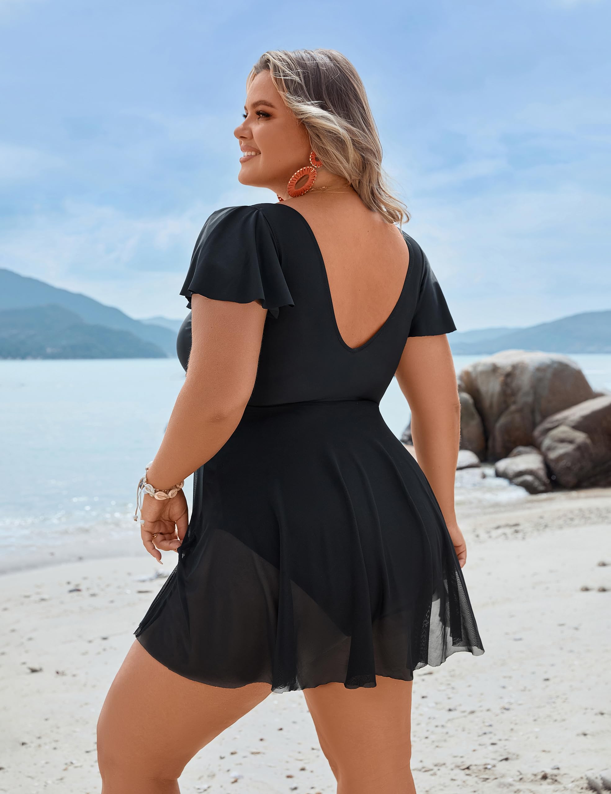 Blooming Jelly Women's Plus Size Swimsuits One Piece Bathing Suit Full Coverage Ruffle Swim Dress Curvy Swimwear(Black, X-Large