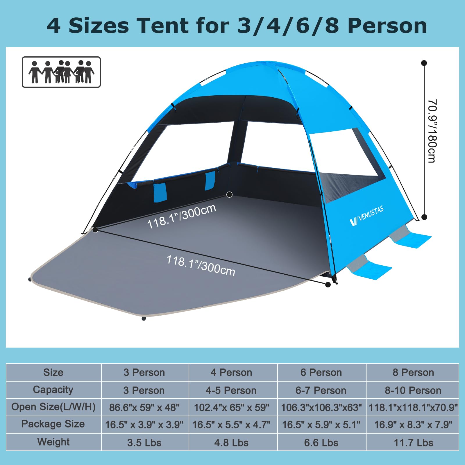Venustas Beach Tent Sun Shelter for 3/4/6/8 Person, UPF 50+ UV Protection Beach Canopy, Lightweight and Easy Setup Cabana, Portable Beach Shade Tent