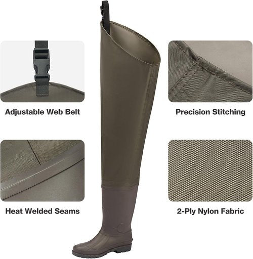 FISHINGSIR Waterproof Hip Waders - Durable 2-Ply Nylon/PVC Fishing Boots for Men & Women