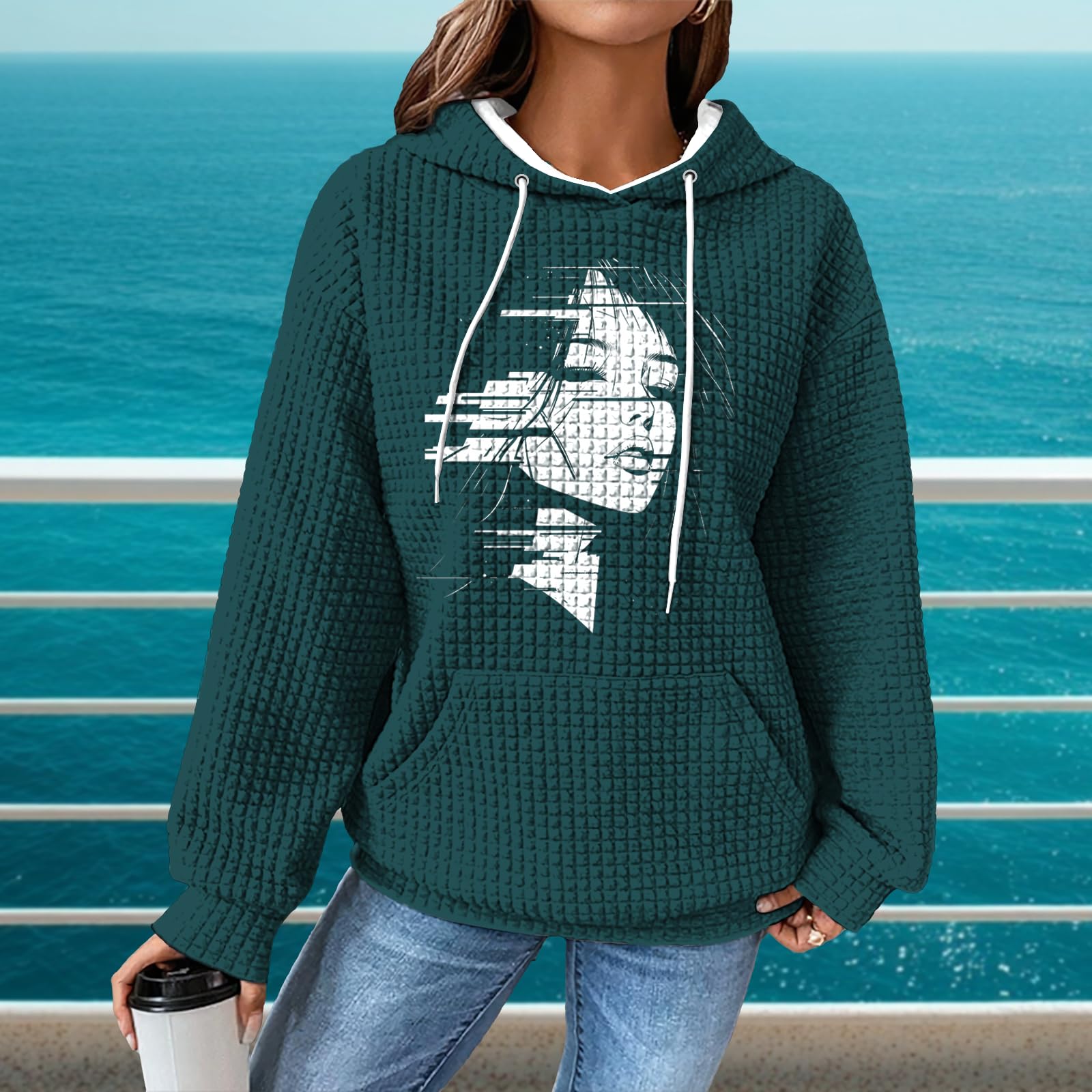 domirica Womens Sweatshirts Side Face Elegant Loose Fit Business Casual Waffle Sweatshirt Women Long Sleeve Drawstring Pullover With Pocket Retro Workout Oversized Outfits Street Wear,XL
