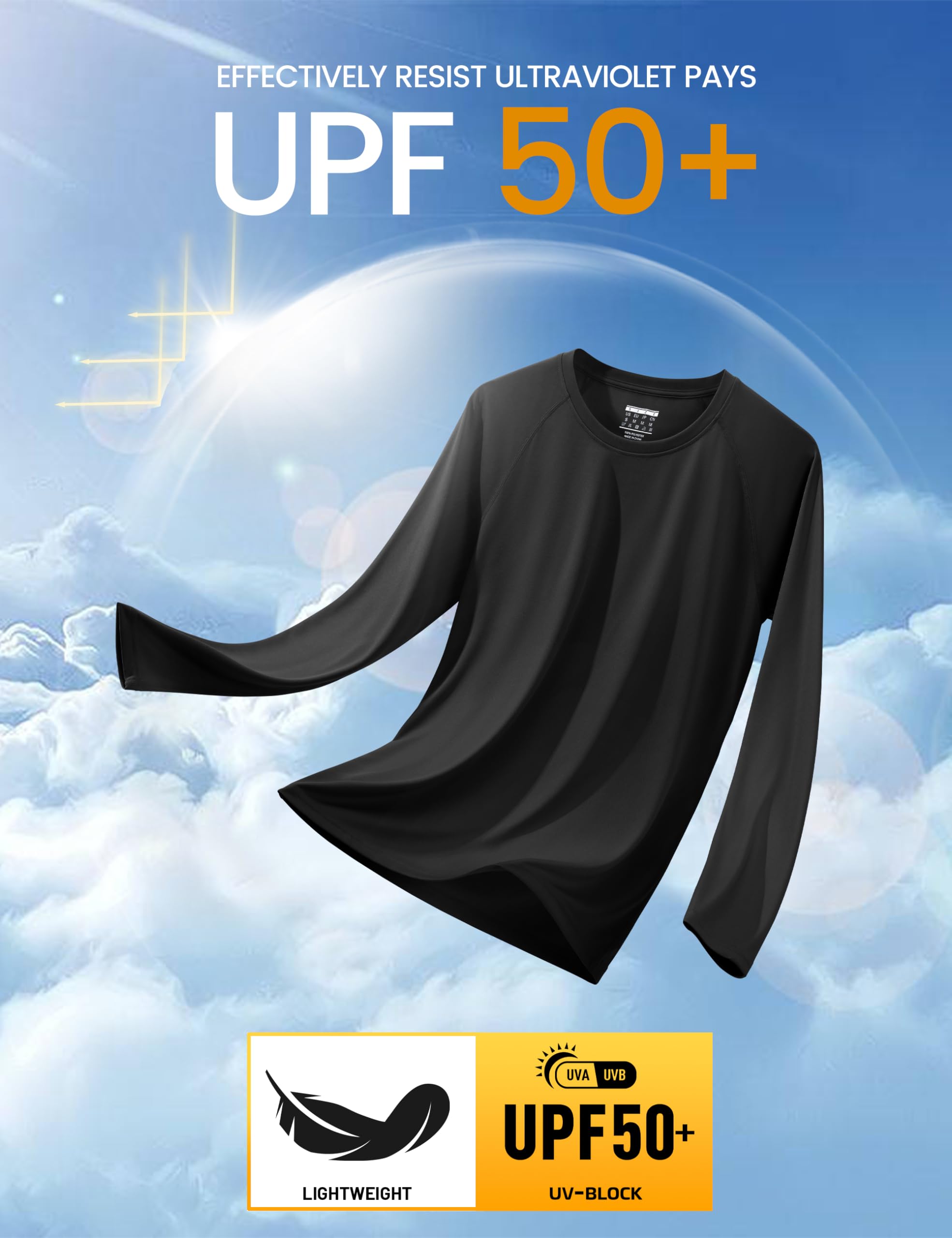Men's Long Sleeve Shirts UV Shirts Sun Shirts Running Shirts Workout Shirts UPF 50 Shirts Athletic Shirts Guard Shirt for Men Black