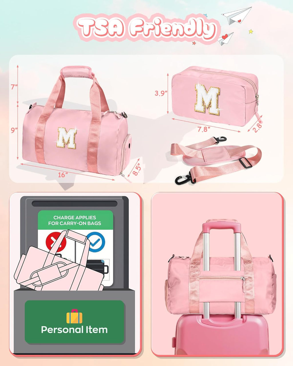 Skiennix Girl Gym Bag - Stylish Gymnastics Bag with Shoe Compartment & Makeup Pouch | Perfect Birthday Gift for 8-Year-Olds (Letter R)