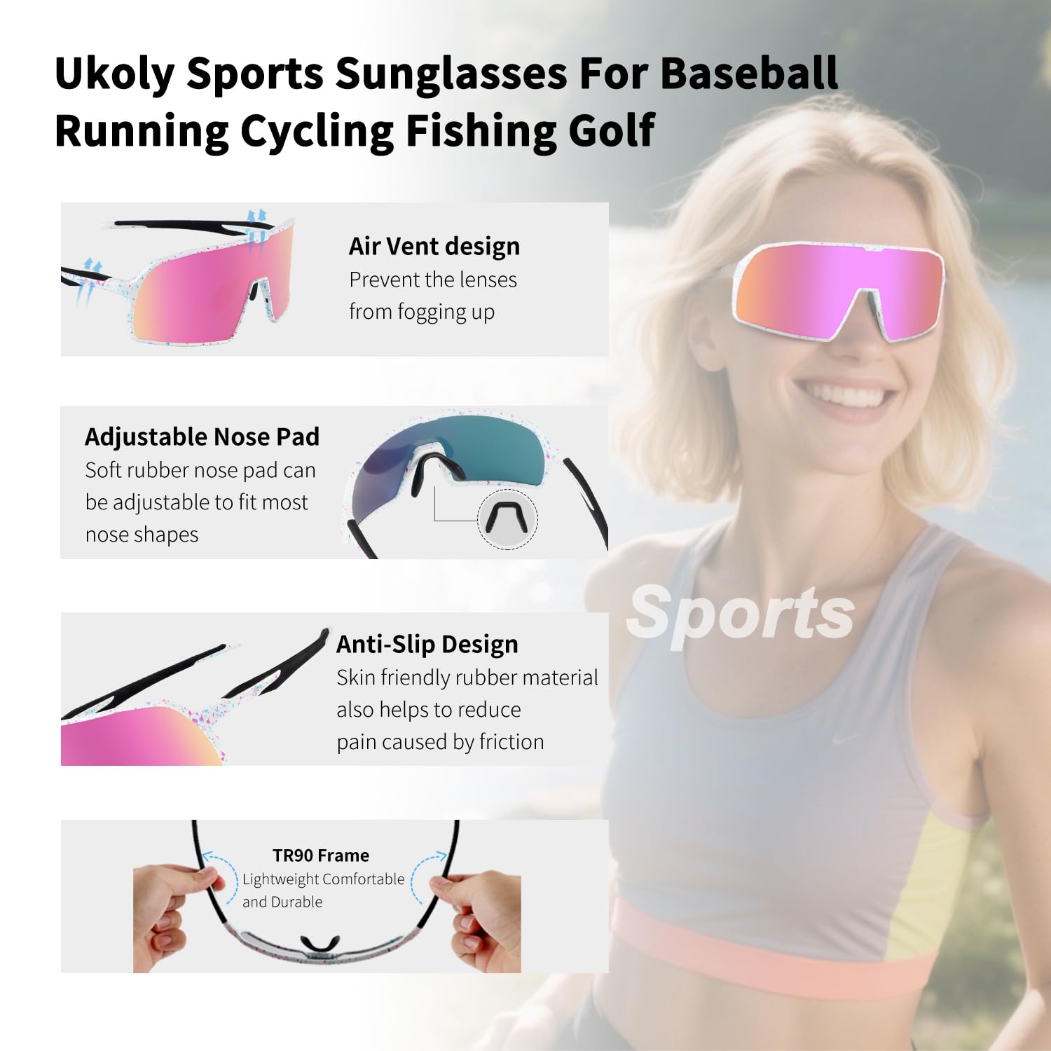 Ukoly Baseball/Running Sunglasses Cycling Glasses For Men Women,Sport Sunglasses HD Lens UV400 Protection TR90 Frame 650 (HD Pink)
