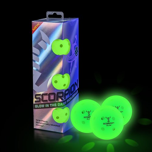 SCORPION 3 Pack Glow in the Dark Pickleball Balls, Clear Glow - True Flight Outdoor Pickleballs - Bright Sports Balls for Pickleball at Night - Consistent Bounce, 40 Holes for Precision, 26 Grams