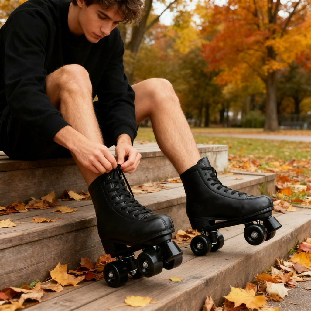 Womens Roller Skates Light Up Wheels, Artificial Leather Adjustable Double Row 4 Wheels Roller Skates Shiny Skates for Teens,Adult (Black Wheel,40-US: 8.5)