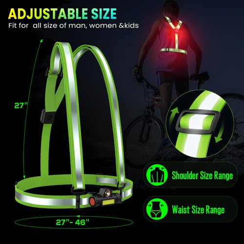 OMKHE Running Lights for Runners 500LM, Reflective Vest with LED Light 90°Adjustable Tilt, Back Red Warning Light, USB Rechargeable High Visibility Vest for Night Walking/Cycling/Jogging
