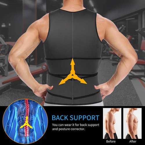 SHAPERIN Men Neoprene Sauna Zipper Waist Trimmer Vest Tank Top Trimmer Body Shaper with Two Adjustable Belts Large