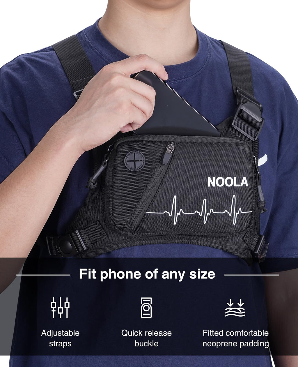 NOOLA Running Chest Pack, Running Vest for Men Women with Reflective Back, Lightweight Sport Chest Bag for Runners, Cycling, Biking, EDC Pouch, Phone Holder Carrier for Jogging, Black