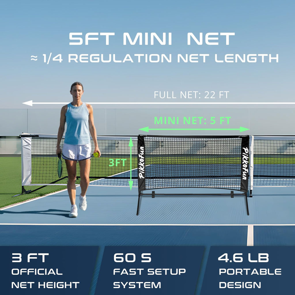 PIKKOFUN Mini Pickleball Net (5 FT Wide), Small Portable Dink Practice Net for Indoor & Outdoor, 60-Second Tool-Free Setup, Carry Bag Included, Pickleball Gifts for Women & Men, Black Net