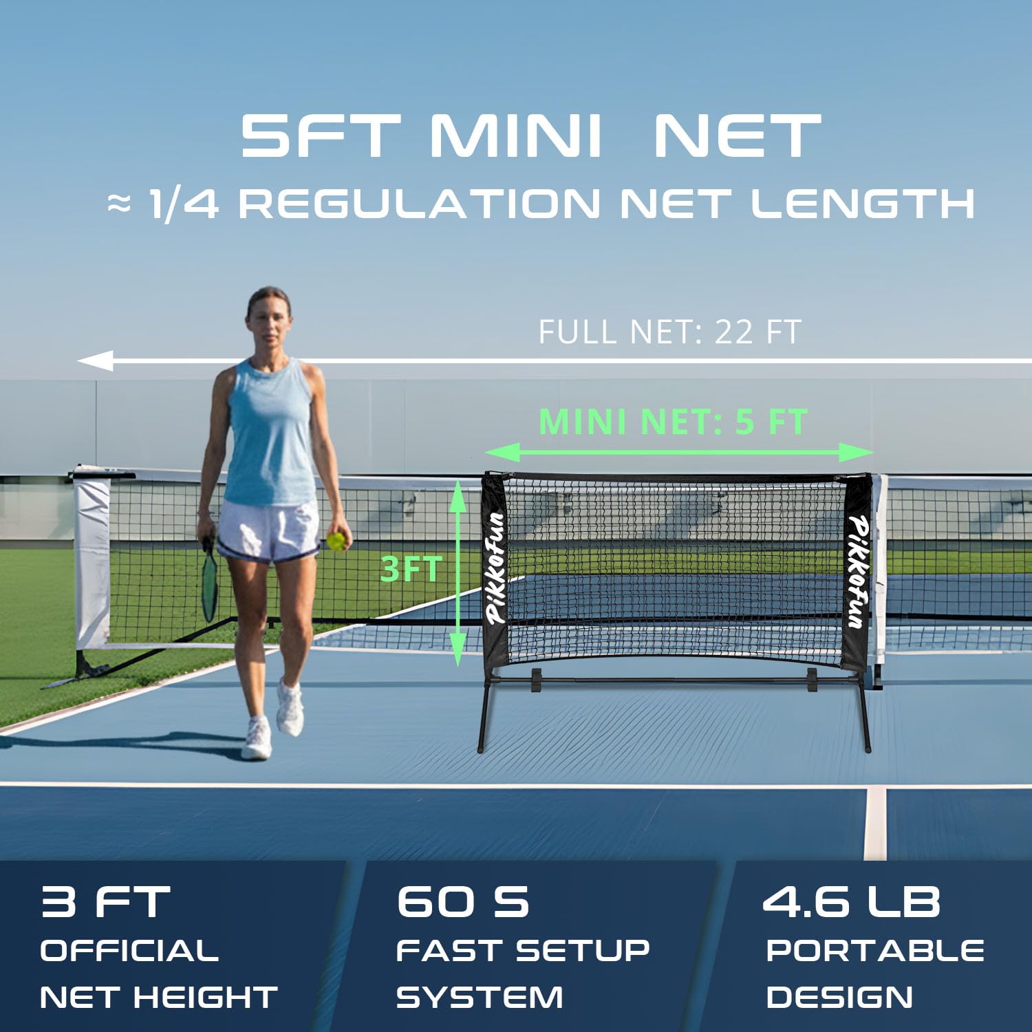 PIKKOFUN Mini Pickleball Net (5 FT Wide), Small Portable Dink Practice Net for Indoor & Outdoor, 60-Second Tool-Free Setup, Carry Bag Included, Pickleball Gifts for Women & Men, Black Net