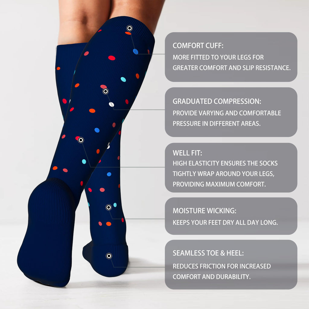 LEVSOX Cotton Compression Socks for Women&Men 20-30 mmHg Knee High Cute Fun Crazy Support Sock for Nurses, Travel and Flight, Pregnancy, 2 Pairs, Black and Navy Blue Polkadot