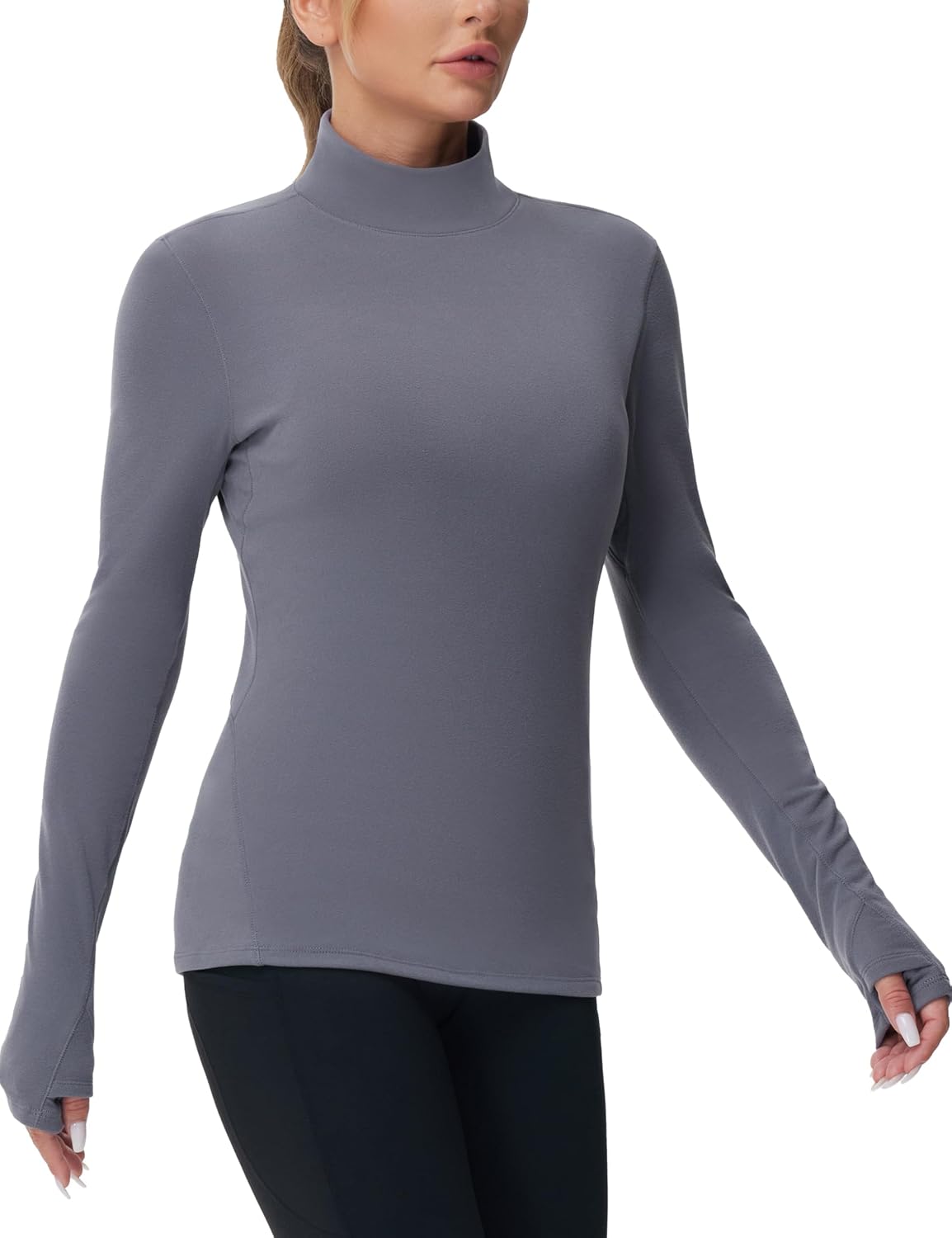 The Gym People Women's Fleece Thermal Mock Turtleneck Long Sleeve Pullover Top - Thumb Hole Design