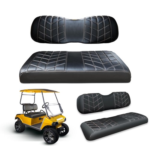 PZWLI 4PCS Golf Cart Seat Covers Kit, Front and Rear Seat Covers,Vinyl Seat Covers Accessories, No Staples（Black&Brown Stitch） (Fits Club Car DS 2000.5-Up)