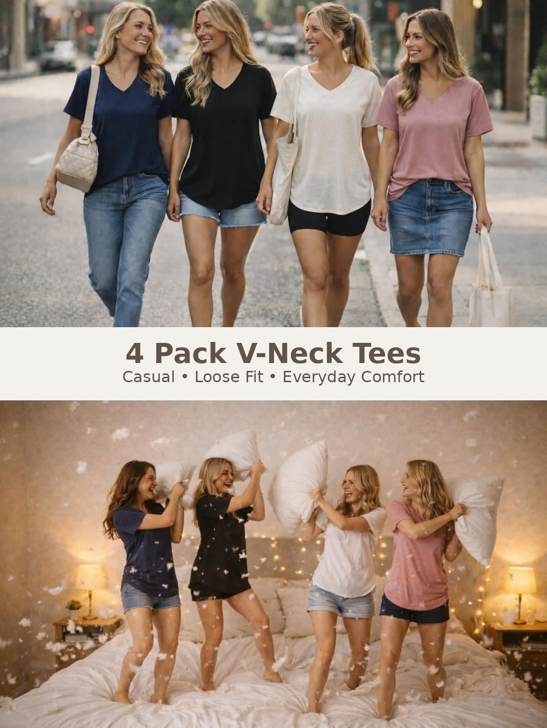 Skiennix V Neck T-Shirts for Women - 4 Pack of Casual Short Sleeve Tees in Plus Size, Plain Summer Styles