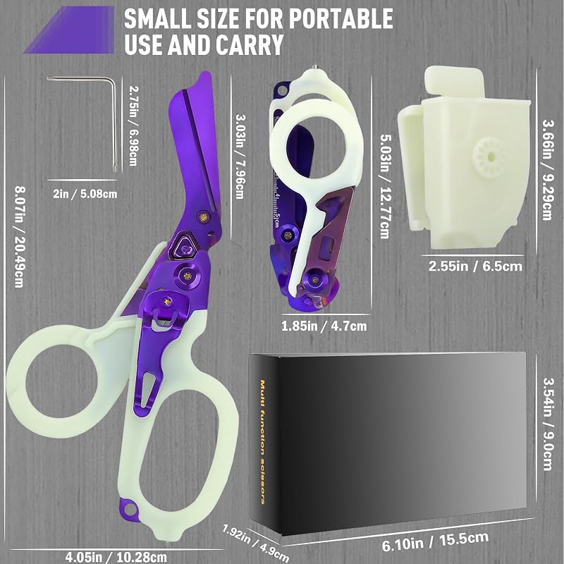 Trauma Shears 6-in-1 Foldable Medical Scissors with Holster, 420HC Steel, Glow Purple - Luminous Purple
