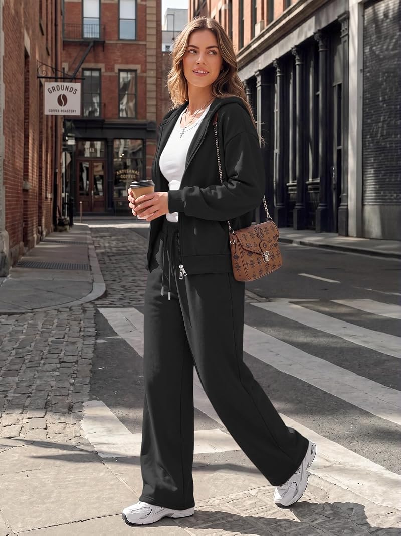 Trendy Queen Women’s 2-Piece Zip Up Sweat Set - Black XS