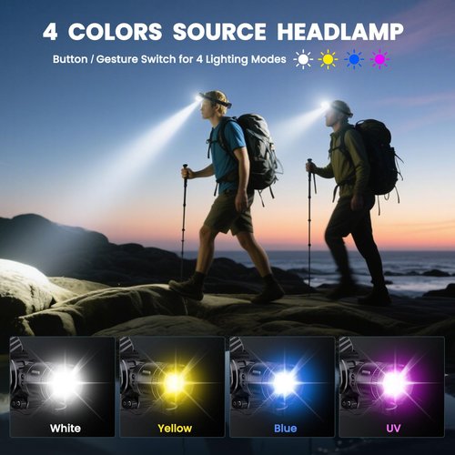 YNYS Rechargeable Headlamp with 4 Colors (White/Yellow/Blue/UV),990000Lumens Super Bright Headlights with 90° Adjustable, Zoomable, Waterproof Led Head lamp for Fishing Hunting Camping