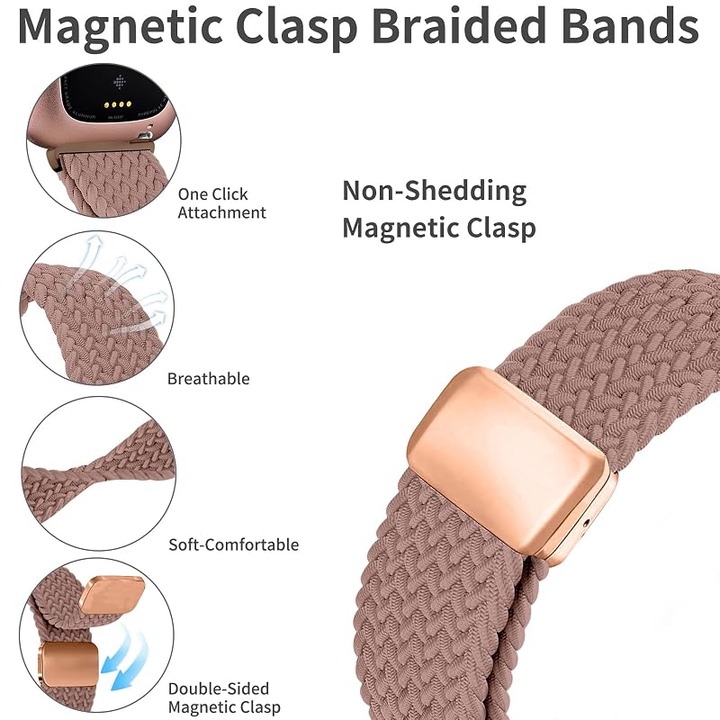 Braided Band for Fitbit Versa 4/3 & Sense 2/1 with Magnetic Clasp - Adjustable Nylon Sport Strap (Starlight/Pink Sand/Pine Needle Green)