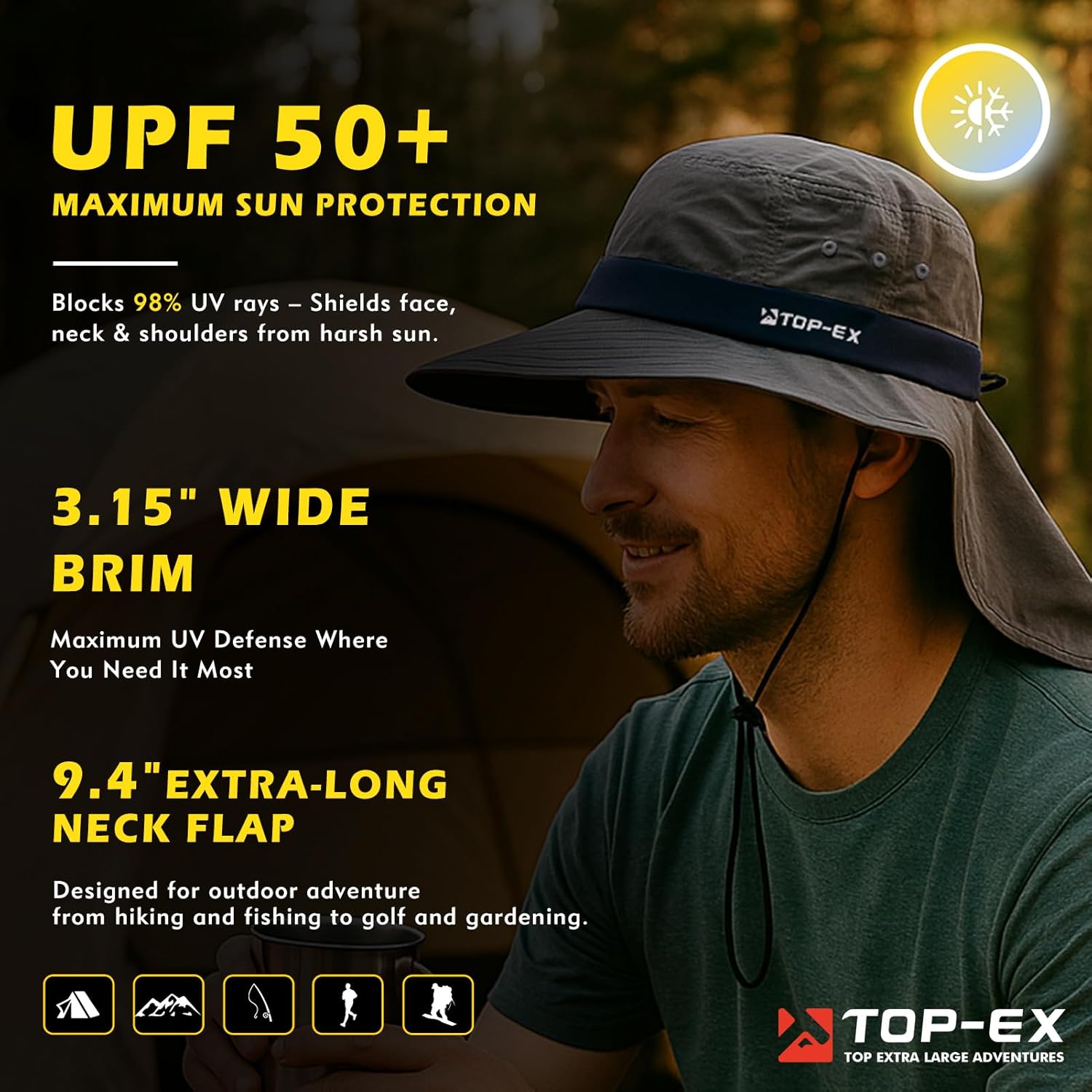 TOP-EX Cooling Sun Hat - UPF 50+ Wide Brim with Neck Flap for Hiking, Fishing & Large Sizes