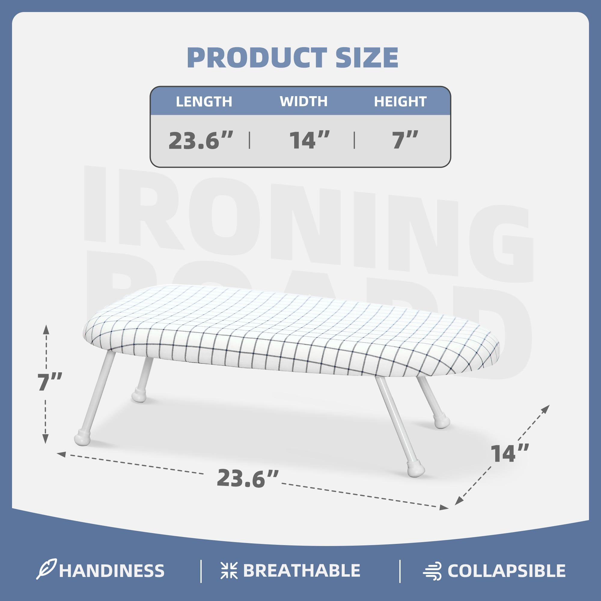 Storage MANIAC Tabletop Ironing Board with Folding Legs, Extra Wide Countertop Ironing Board with Cotton Cover, Portable Mini Ironing Board for Sewing, Craft Room, Household, Dorm, Blue