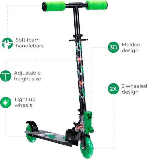 Minecraft 2-Wheel Kick Scooter - Light-Up Wheels, Foldable Design, Non-Slip Deck for Smooth Riding