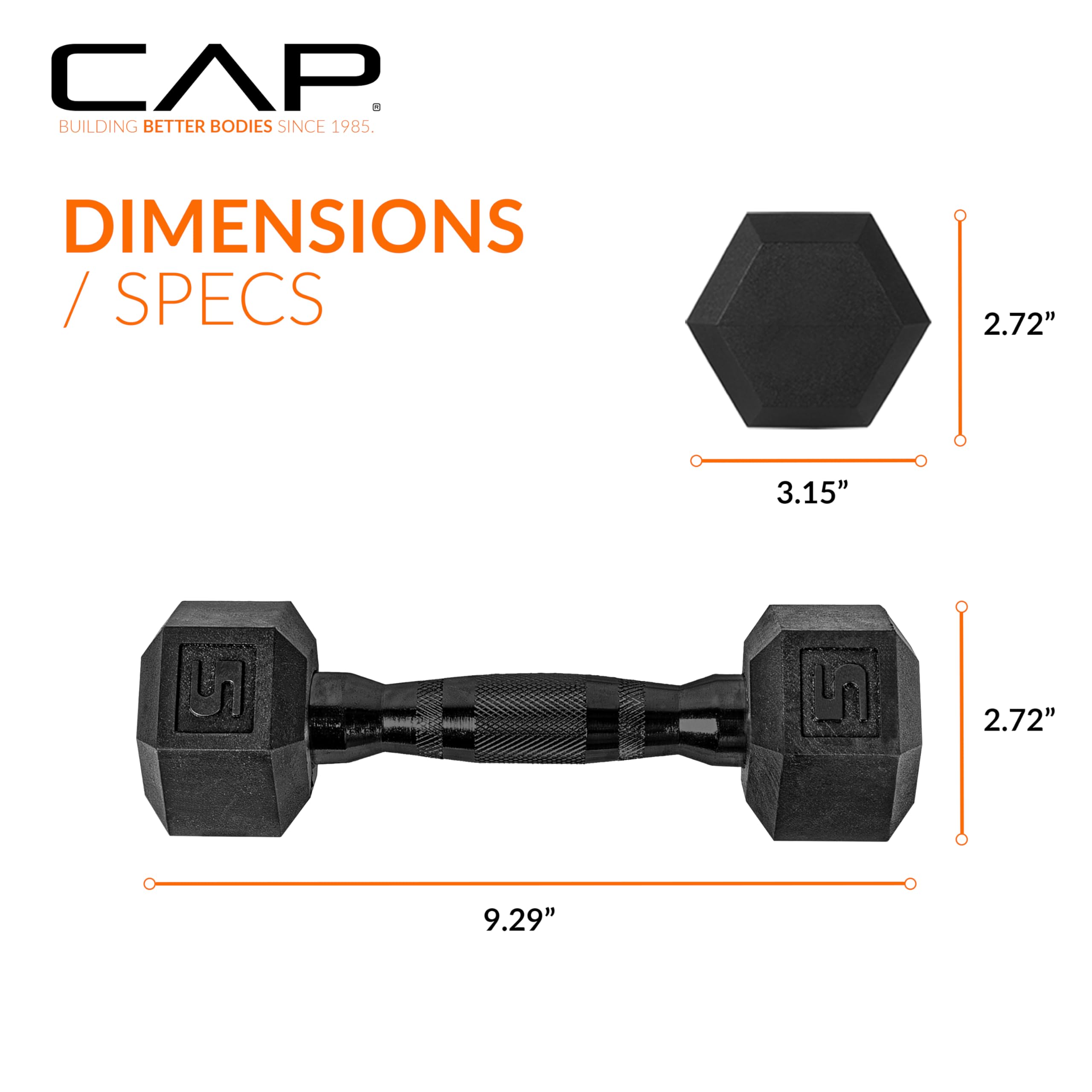 CAP 5 LB Rubber Coated Hex Dumbbell Weight, Rubber Hand Weights for Home Gym Strength Training, Black Oxide Handle, Pair