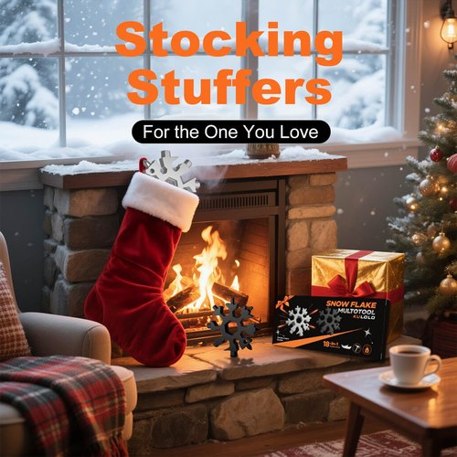 KULOLO Snowflake Multi Tool 2 Pack - Stainless Steel 18 in 1 Multitool with Carabiner,Bottle Opener & Wrench,Stocking Stuffers for Men,White Elephant Gifts, Christmas Gifts for Him(Silver + Black)