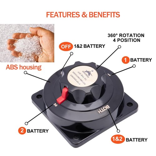 Marine Dual Battery Selector Switch - Heavy Duty Boat Safety Disconnect Isolator for Power Cut Off