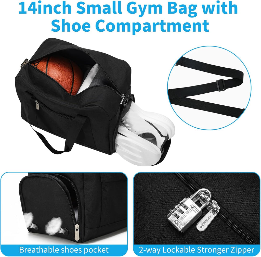 Skiennix Mini Duffel Bag - Lightweight 14-Inch Gym Bag with Shoe Compartment - Black